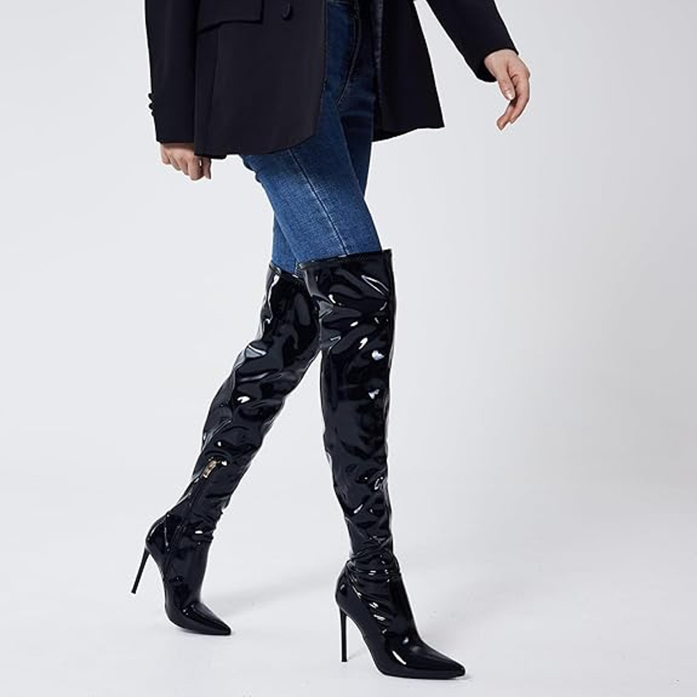 Elisabet Tang Thigh High Stiletto Boots Wool Lined Sexy Faux Leather Size 8